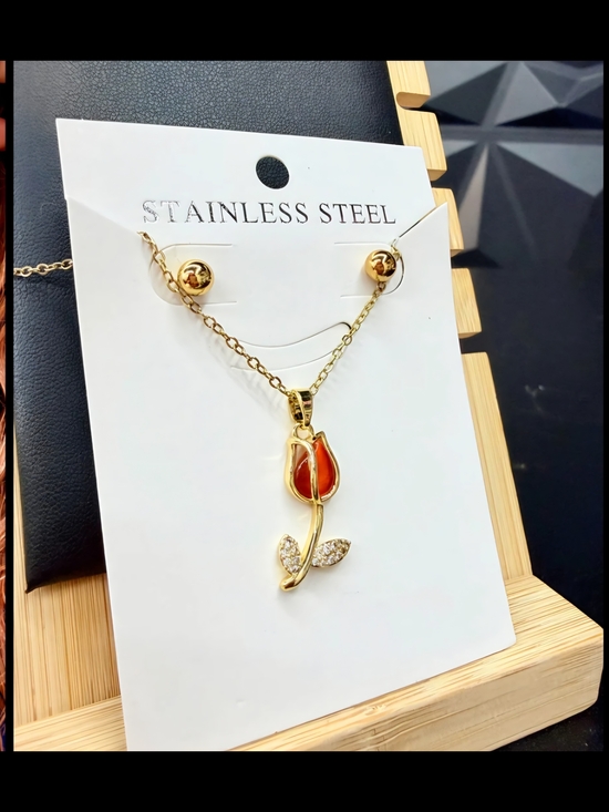 Jewelry - Gold Stainless Steel Necklace with Orange Tulip Pendant - Unbranded